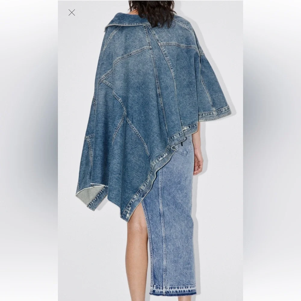 Zara ASYMMETRICAL DENIM CAPE NWT Limited Edition Size Medium Bloggers Favorite - Picture 10 of 13